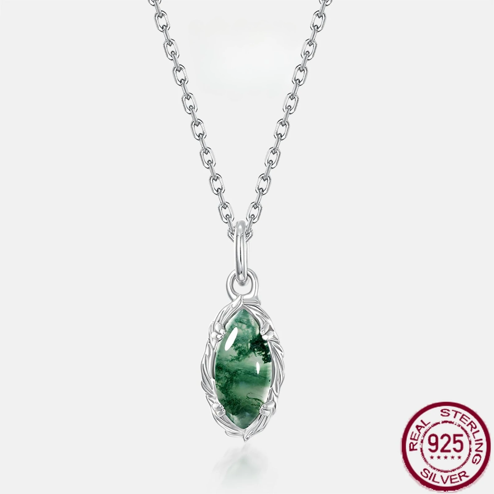 

New S925 pure silver olive branch simple green moss stone pendant inlaid with water grass agate necklace wedding jewelry