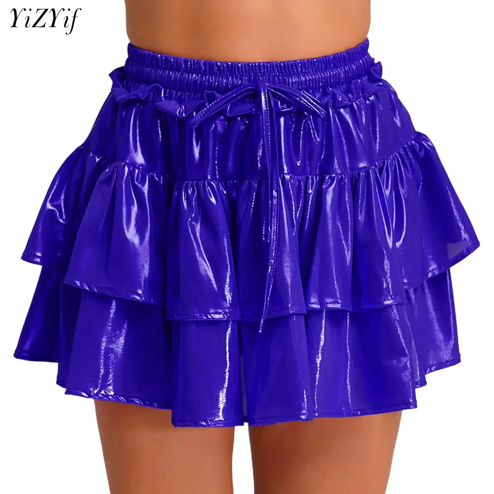 

Womens Metallic Shiny Mini Skirt Elastic Waistband Drawstring Tiered Ruffles Skirts High Waist Miniskirt Dancing Party Clubwear