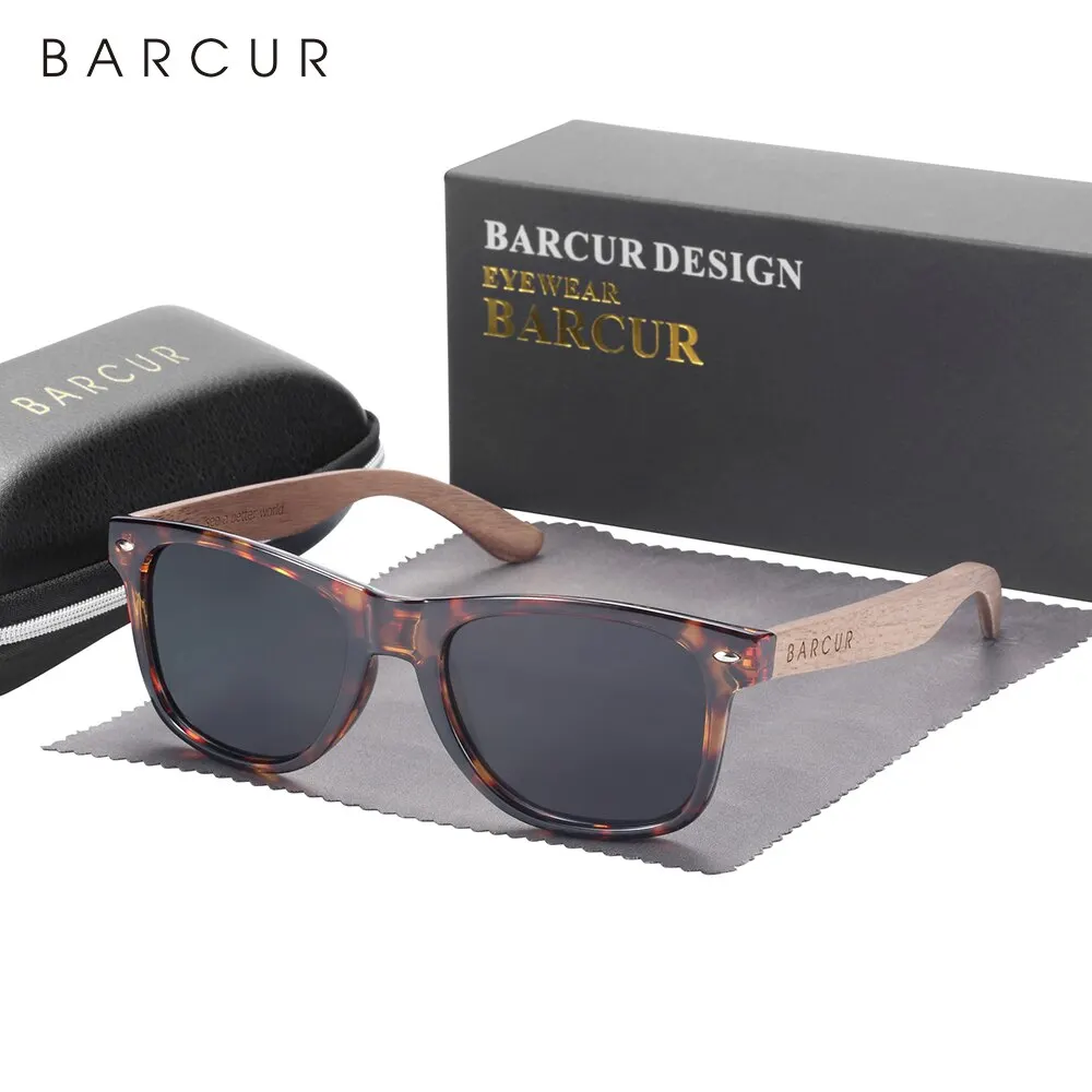 BARCUR Natural Wooden Sunglasses Polarized Mens Sun Glasses Black Walnut Eyewear UV400 Protection