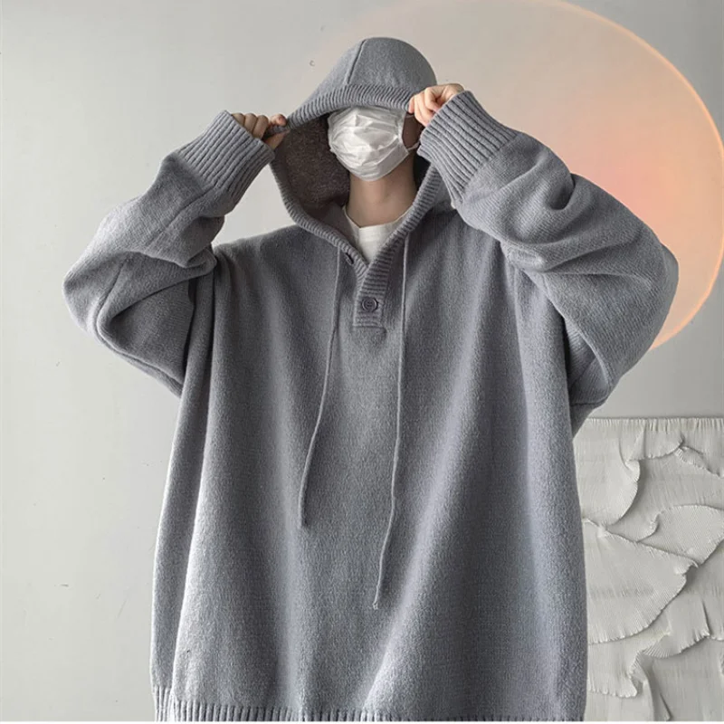 Men Sweater Streetwear Vintage Hooded Sweaters Oversized Pullovers Men Cozy Loose College Solid Knitted Tops Streetwear Hoodies