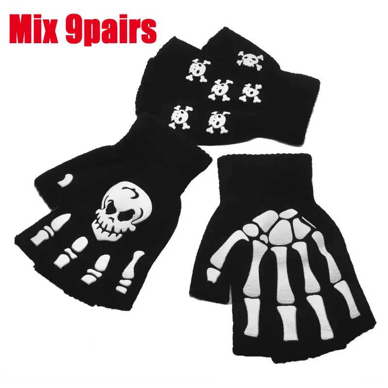 1-9 stücke Neue Erwachsene Kinder Halloween Skeleton Schädel Halb Finger Leuchtende Punk Handschuhe Winter Schädel Fingerlose Schwarz Fäustling