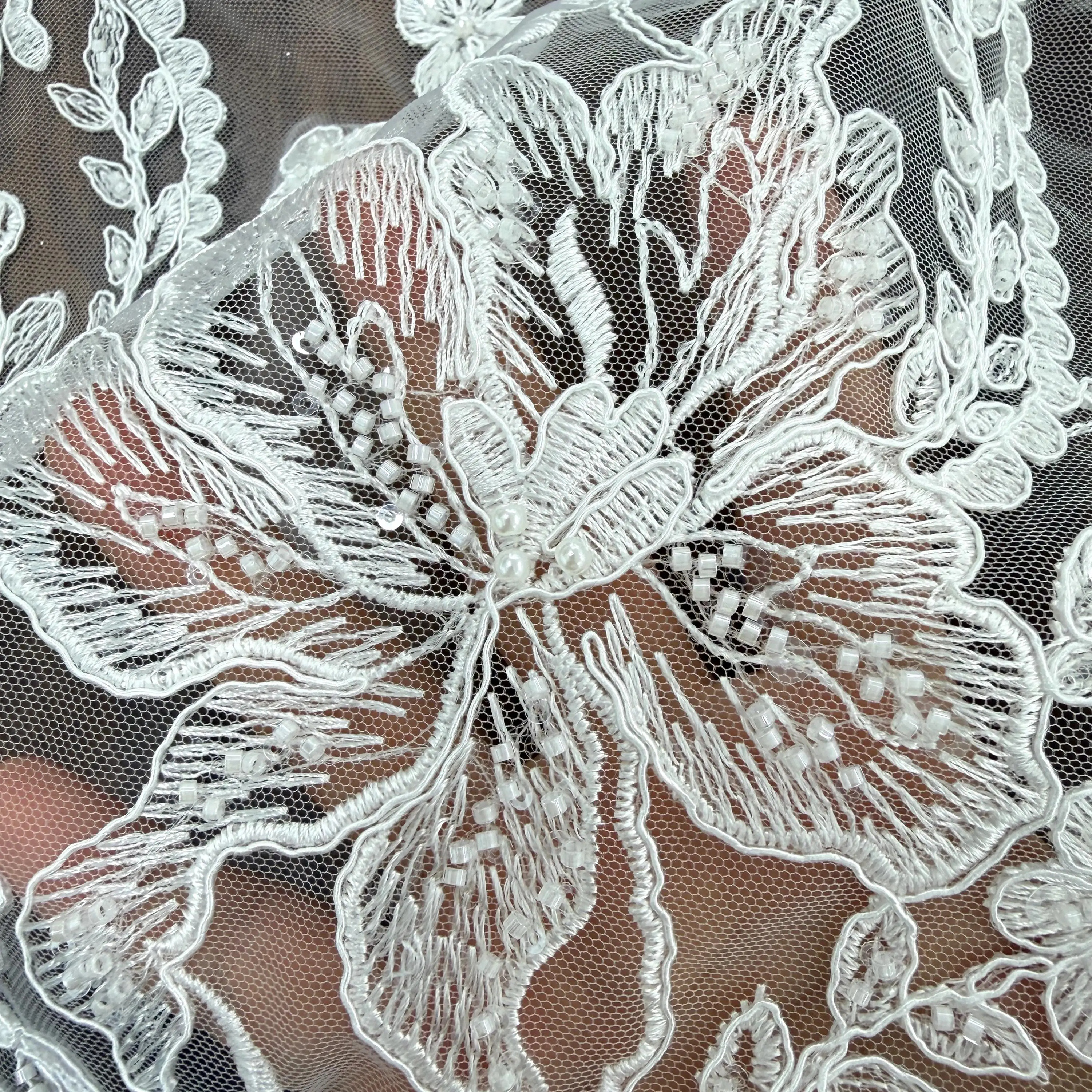 1 Yard 3D Beaded Haute Couture Fabric with Pearl and Clear Sequin  , Off White Bridal Gown Wedding Dress Fabric view 4