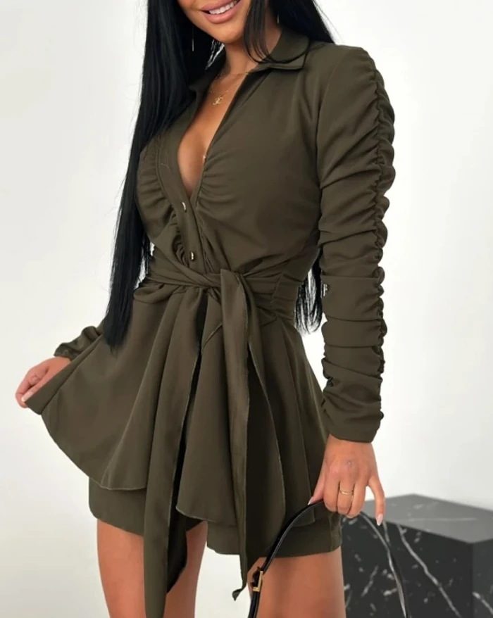 

Women's Sexy Suits 2025 Autumn Winter Latest 2 Piece Long Sleeve Button Down Ruched Tied Shirt Shorts Outfits Mattching Set