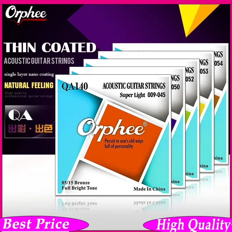  Orphee QA Acoustic Guitar Strings High Carbon Steel Hexagonal Core with Nano Coating & Brass Wrap Folk Guitar Strings