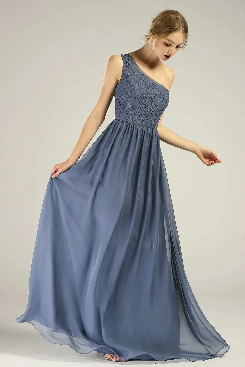 

Blue One Shoulder Bridesmaid Dress A-Line Pleated Applique Long Chiffon Wedding Party Prom Gowns Customization Of Large-sized