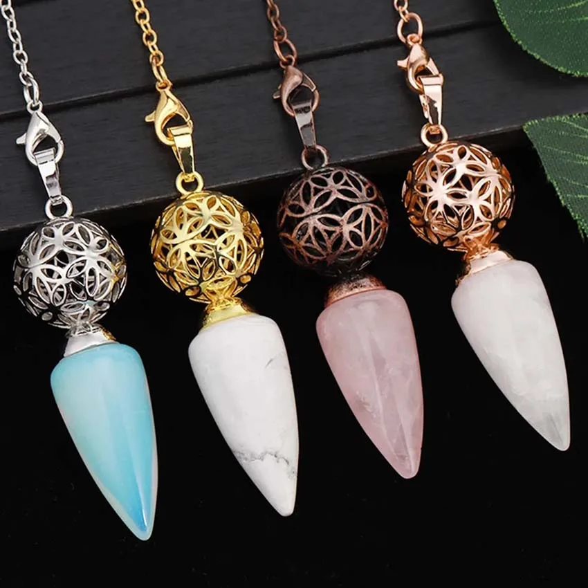 Natural Crystal Cone Top Stone Pendulums For Dowsing Divination Hollow Flower Ball Crystals Quartz Pendules Pendulos Pendant