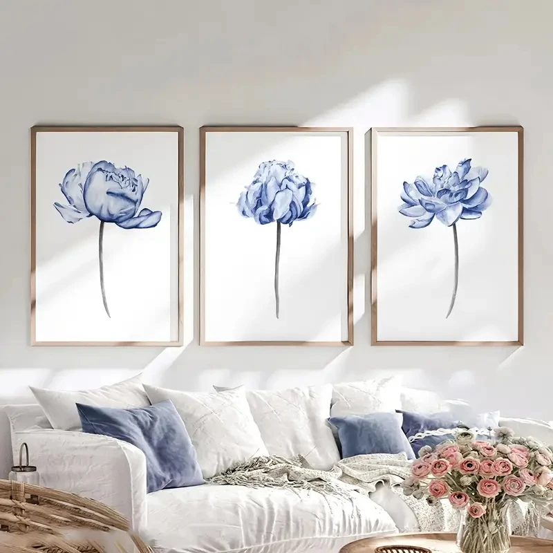 3pcs/Set Abstract Blue Peony Blue Flower Canvas Poster Wall Art Bohemian Minimalist Livingroom Home