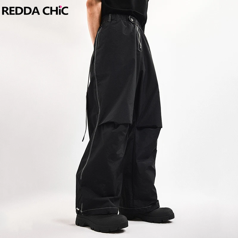 REDDACHIC Flowy Belt Parachute Sweatpants Men Black Plain Elastic Waist Casual Wide Pants Oversized Slacks Harajuku Streetwear