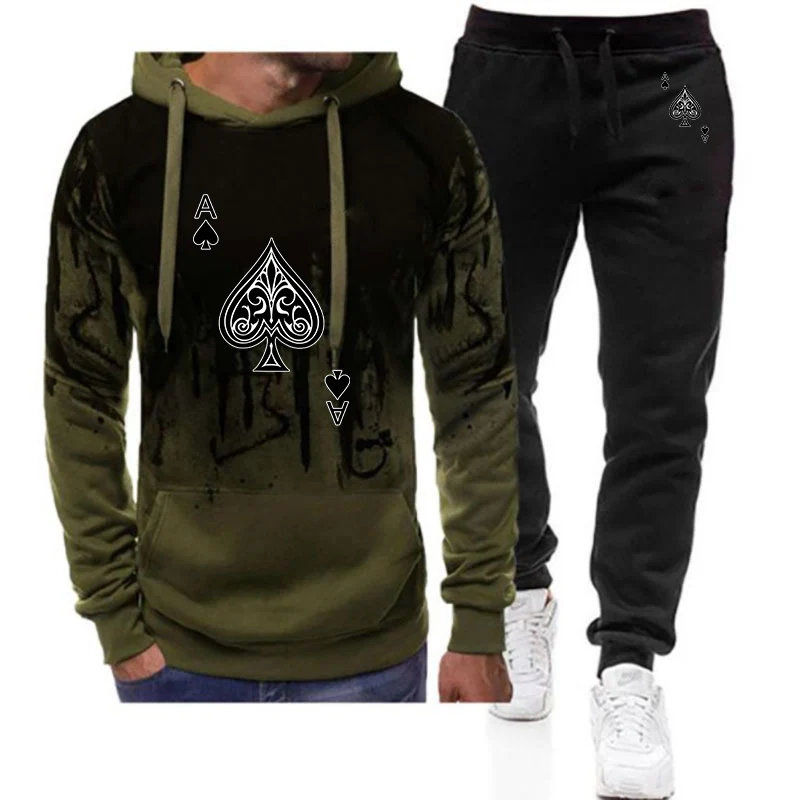 2025 Retro Spade A Print Men's New Spring And Autumn Casual Gradient Color Pocket Pullover + Sweatpants Two Piece Suit