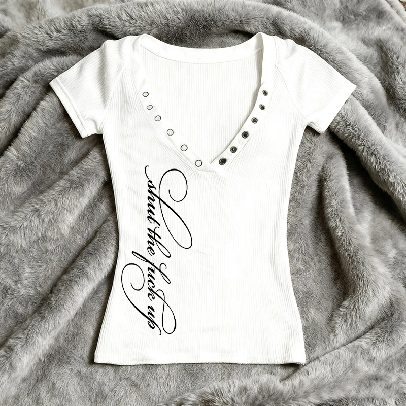 

Harajuku punk printed short sleeved street top retro Y2k style Emo women's fashionable steel ring design top T-shirt