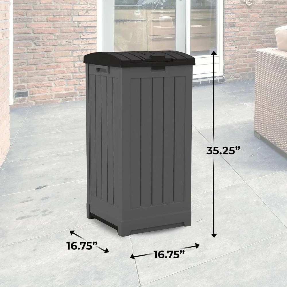 39 Gallon Outdoor Trash Can Patio or Deck Waste Bin with Latching Lid, Liquid Tray, Handles, and Trash Bag Holder, Peppercorn