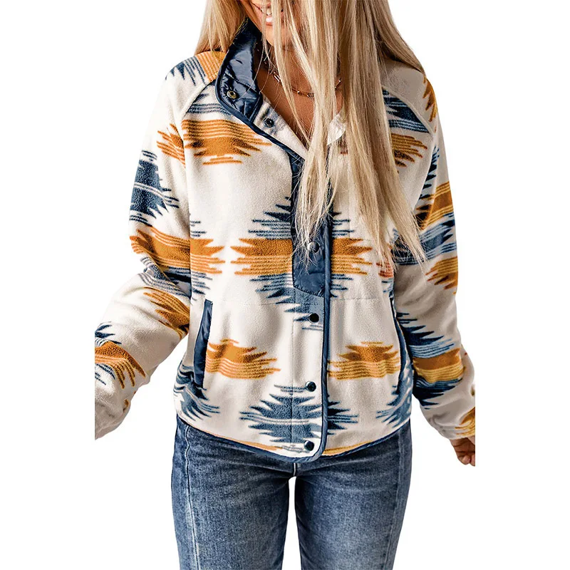 Winter new women s outerwear ethnic style printed cardigan fashionable and versatile contrasting color thick jacket