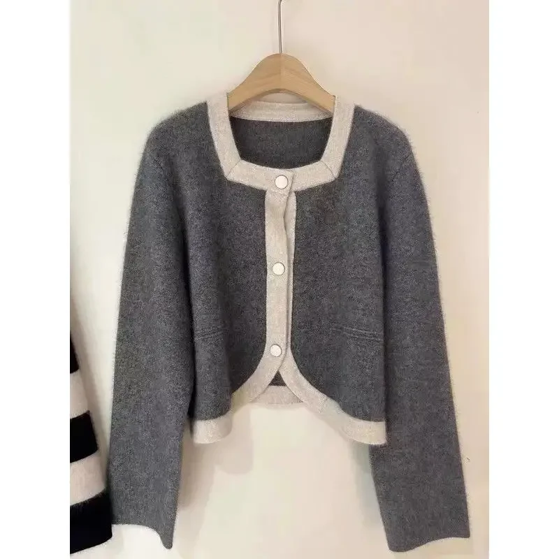 

Winter Short Sweater Jacket Outer Wear Lazy Style Top Fashionable Contrasting Color Square Neck Knitted Cardigan for Women