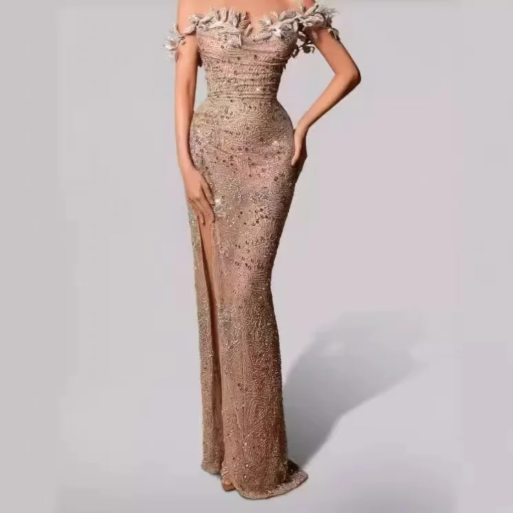 Strapless Long Evening Dress Floor-Length Off-Shoulder Gown with Slit for Women
