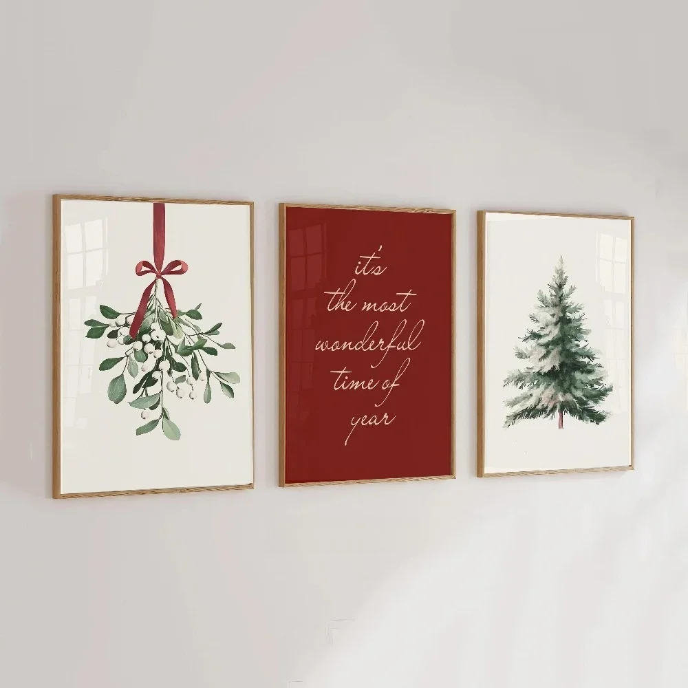 Christmas Simple Watercolor Pine Tree Red Slogan Poster, Bohemian Farmhouse Bedroom Living Room Holiday Wall Decoration