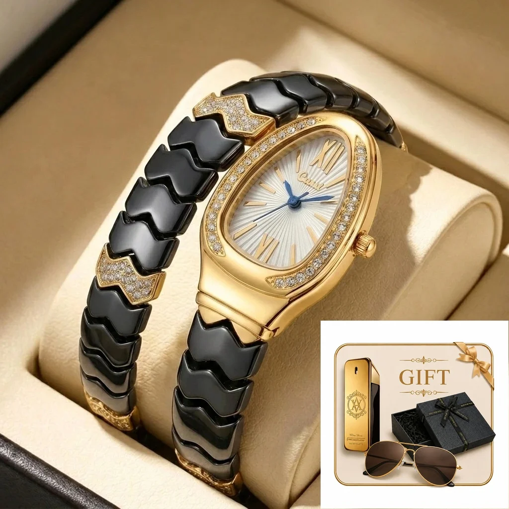 4pc Women's Black & Gold Ceramic Elegant Diamond Accents Sunglasses Perfume Quartz Watch Gift Set Birthday Anniversary