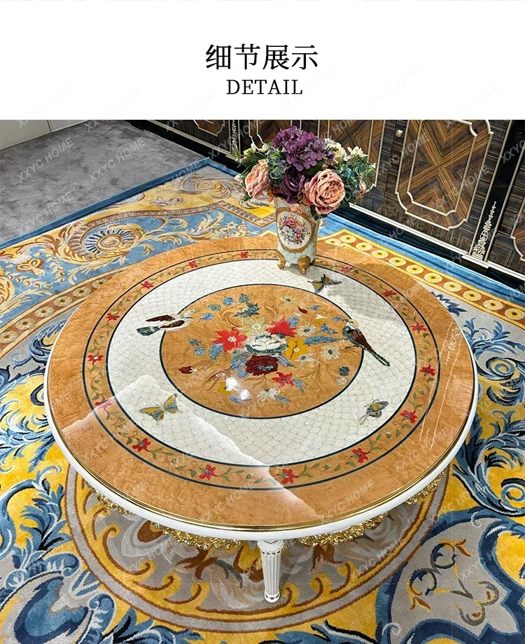 N178  solid wood coffee table, European carved round tea table, living room shell veneer tea table