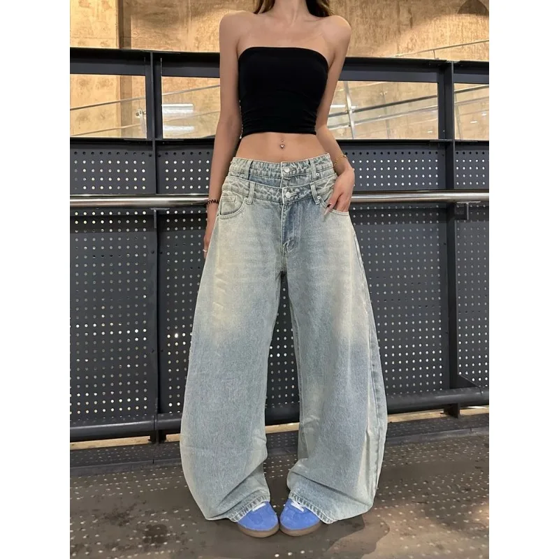 

Women New Fashion Fall Jeans with Pockets Fashion Loose Fit Casual Solid Low Rise Wide Leg Denim Pants Autumn Hot Sale