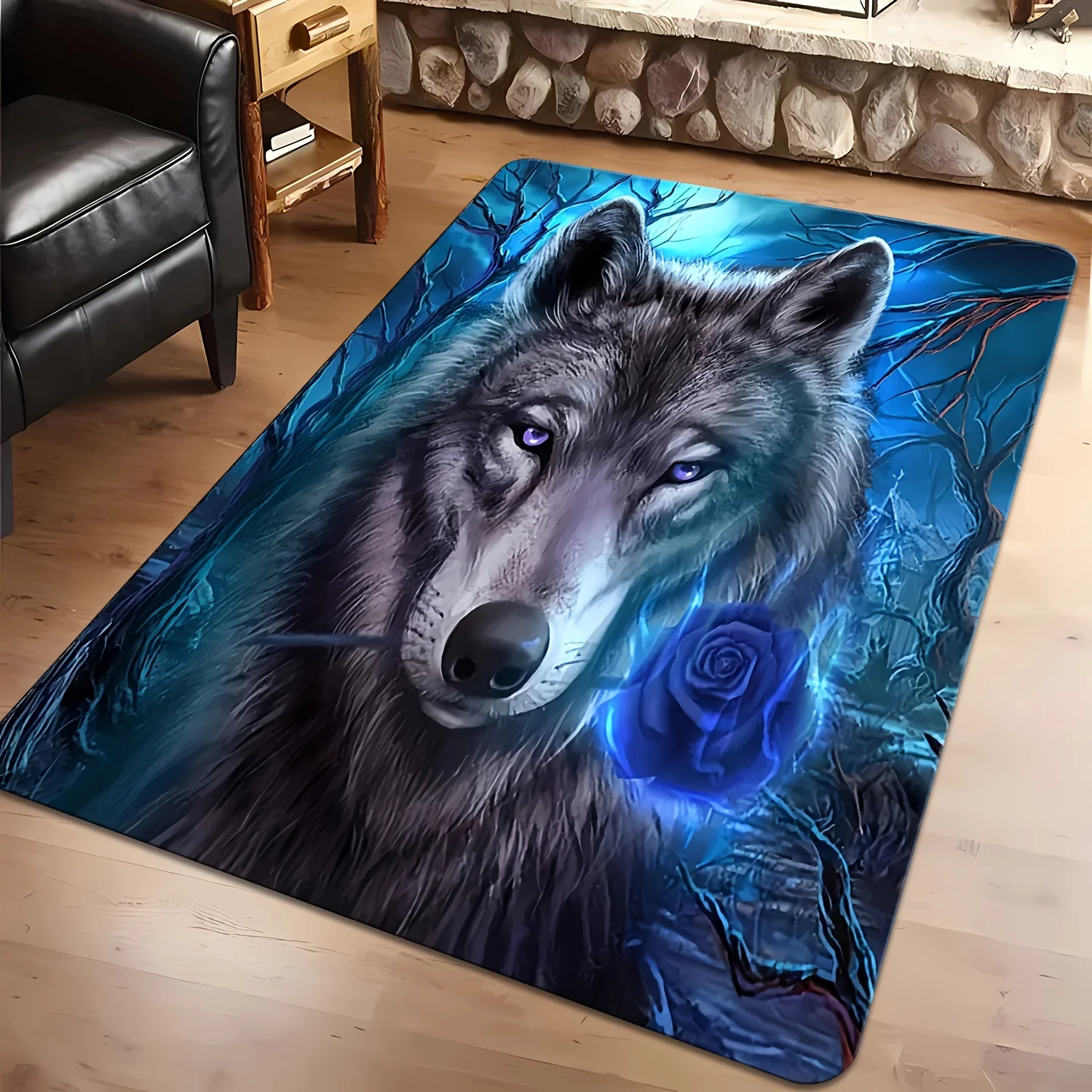 Mystical Wolf Blue Glow Area Rug Cave Forest Decor Entrance Mat for Living Room Hallway Pet Owner Gift