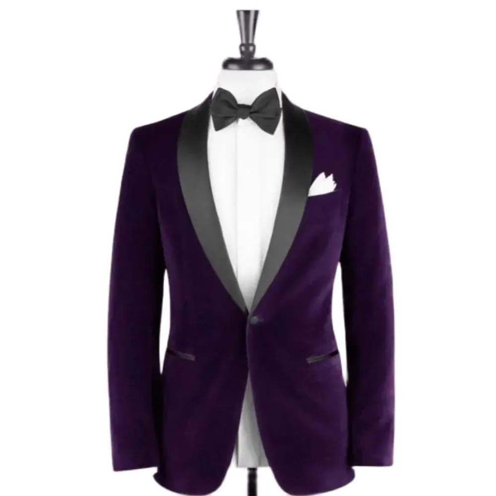 Casual Men\'s Suits Purple Blazer One Piece Black Shawl Lapel One Button Slim Fit Velvet Smoking Jacket Prom Party Clothing 2024