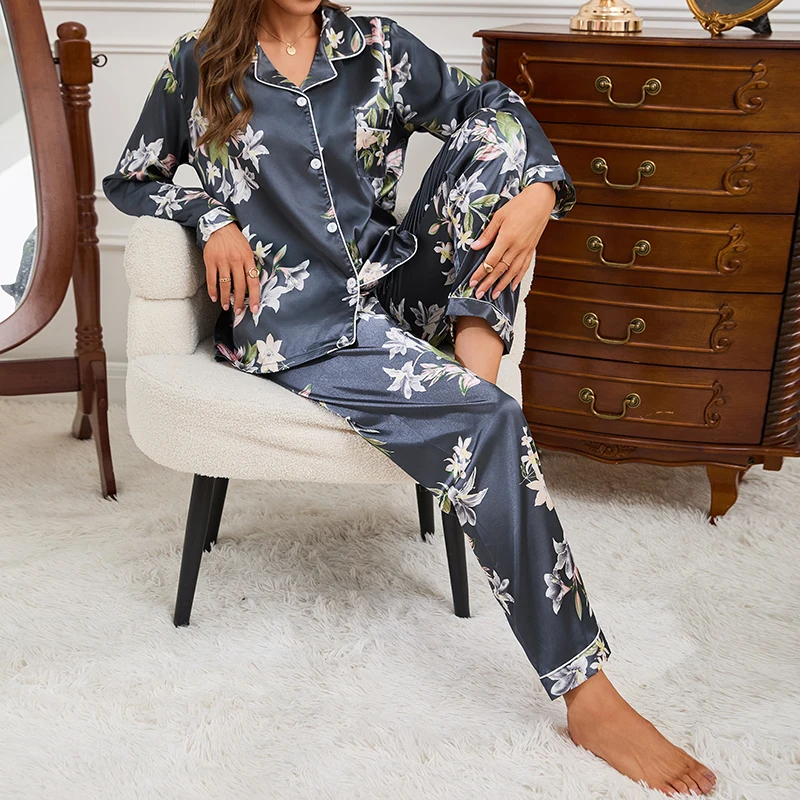 Women Autumn Winter Pajama Sleepwear Loungewear Long Sleeve 2 Piece Pajama Sets Floral Print Satin Comfortable Lounge Sets