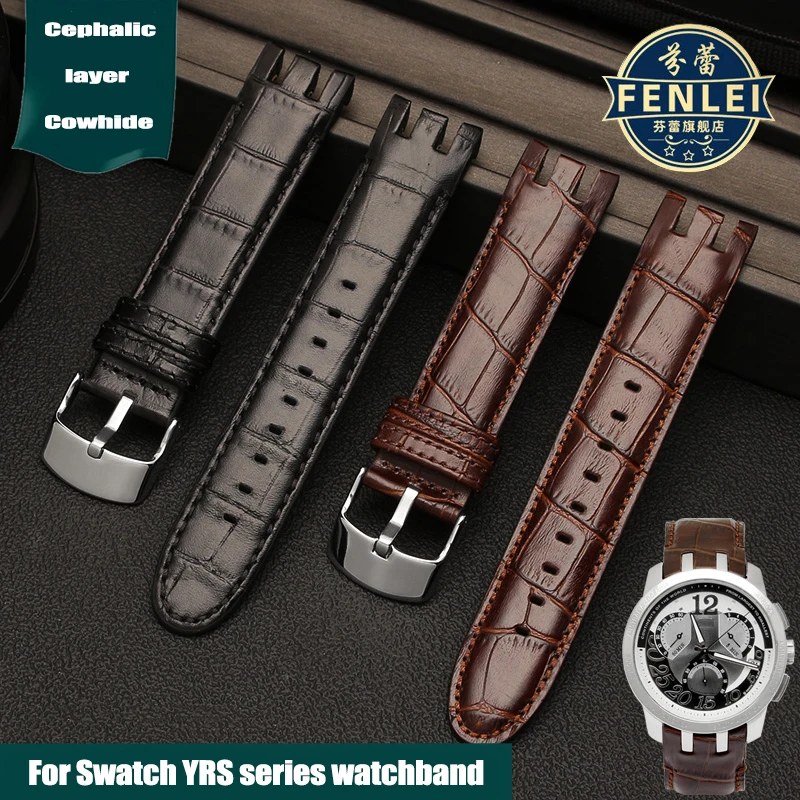 Genuine Leather Watch Strap for Swatch YRS401/402/403 412G Curved Concave-Convex Mouth Cowhide 21mm Men Watch Band Accessories