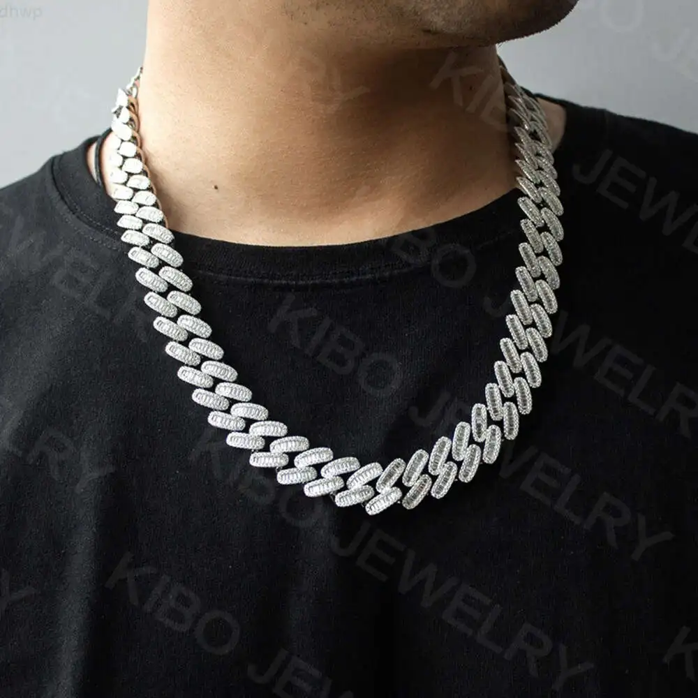 18mm Baguette Cut 925 Silver Vvs Moissanite Cuban Chain Iced Out Hip Hop Necklace Moissanite