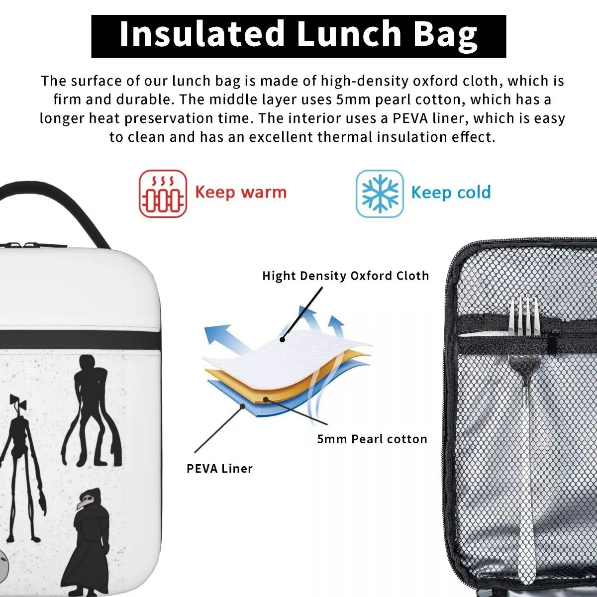 Siren Head Breaking News, Witch Dr, Bridge Worm, Cartoon Cat Insulated Lunch Bag for Women Children Food Boxes Thermal Lunch Box