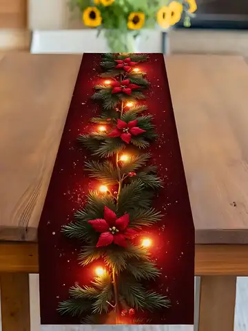 1 Piece of Luminous Christmas Flower Pine Branch Table Runner, Red Background Printed with Lighted Pine Branches and Poinsettia Pattern, Suitable for Christmas Dinner, Holiday Party, Pastoral B&B, Handicraft Market, Cafe Decoration, Home Decoration, Christmas Theme Event, Warm Tea Party