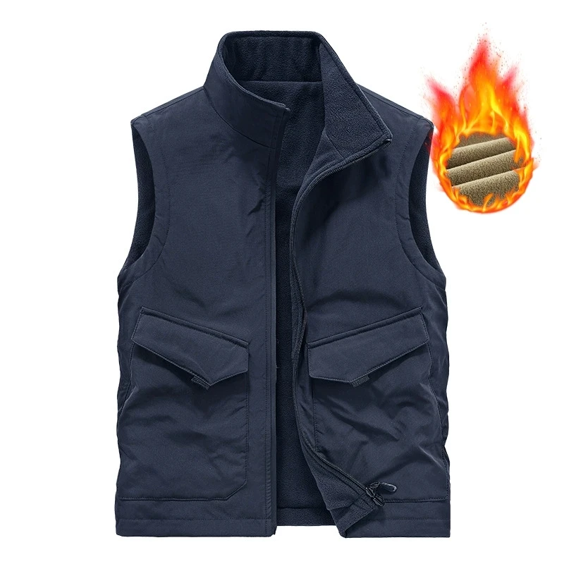 Men's Autumn Winter Leisure Vest Solid Color Stand-Up Collar Tooling Style Waistcoat Multi-Pocket Hiking Sleeveless Outdoor Vest