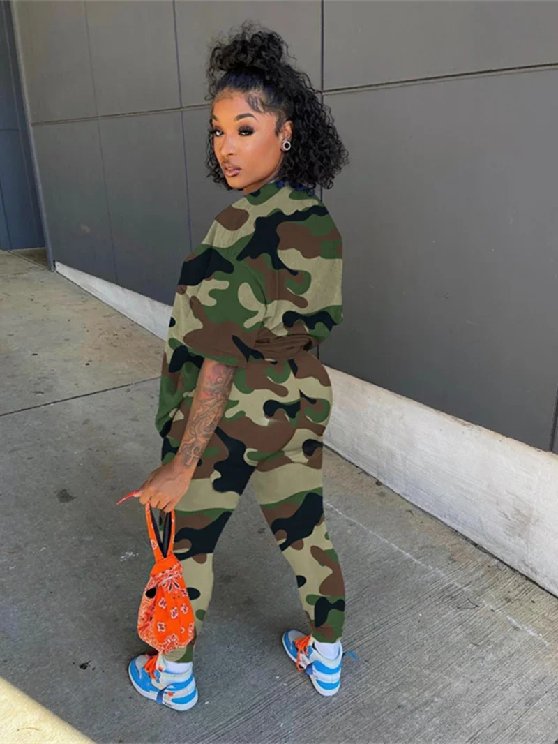 Streetwear Camouflage Tracksuit Women Two 2 Piece Set Outfits Short Sleeve Shirt Top and Pants Suits Casual Woman Matching Sets