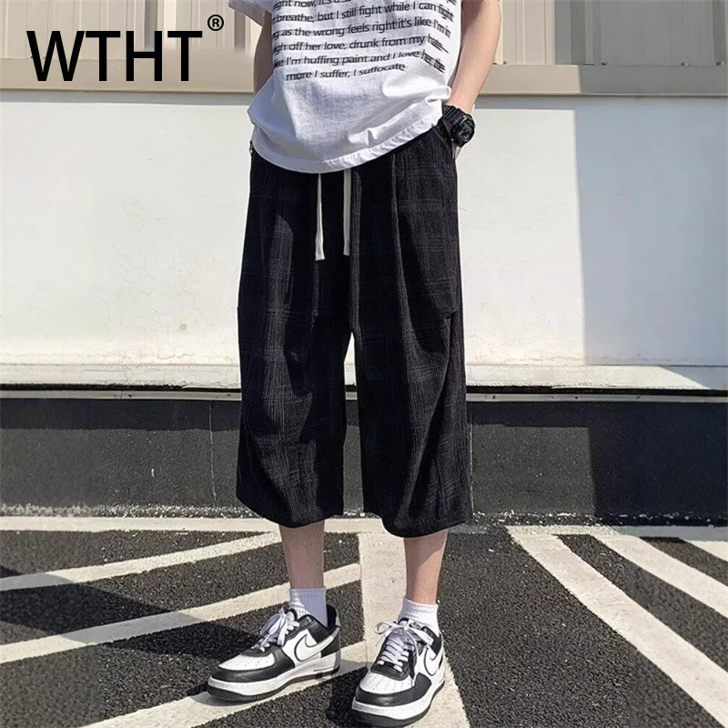 

WTHT Trebdy Men's Plaid Loose Straight American Style Shorts Fashion 2025 Summer Casual Drawing Wide Leg Short Pants Male 2A0810