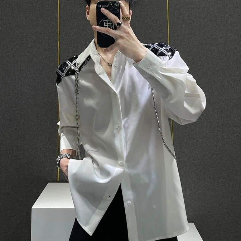 2025 Spliced   sequin Design Handsome Loose Shirt Men's Trendy Brand Chain Shirt