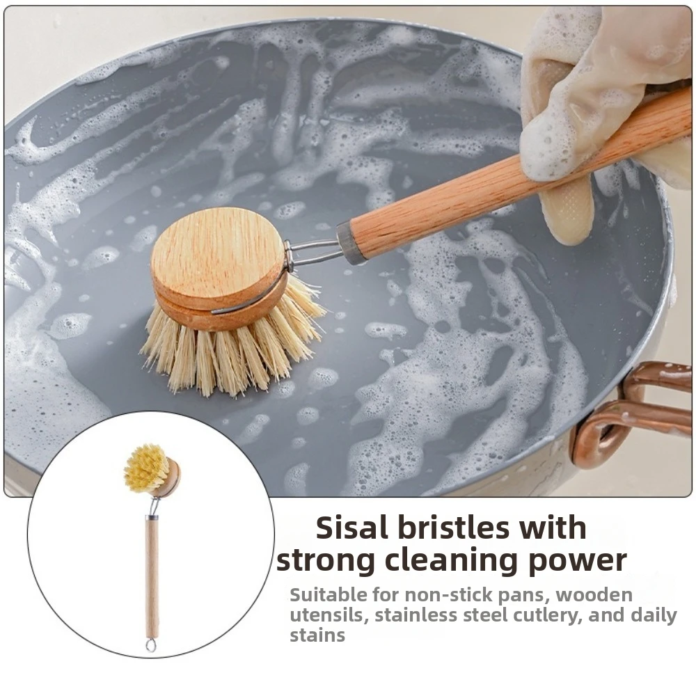 Solid Wood Kitchen Cleaning Brush Replaceable Wooden Handle Dish Pot Brush Cleaning Tool Multifunctional Frying Pan Brush