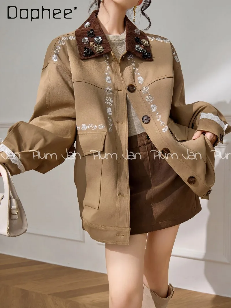 

Корейская куртка-поло с объемными пайетками и бисером, с отложным воротником, в стиле колор-блок, весна 2026, ретро, с вышивкой