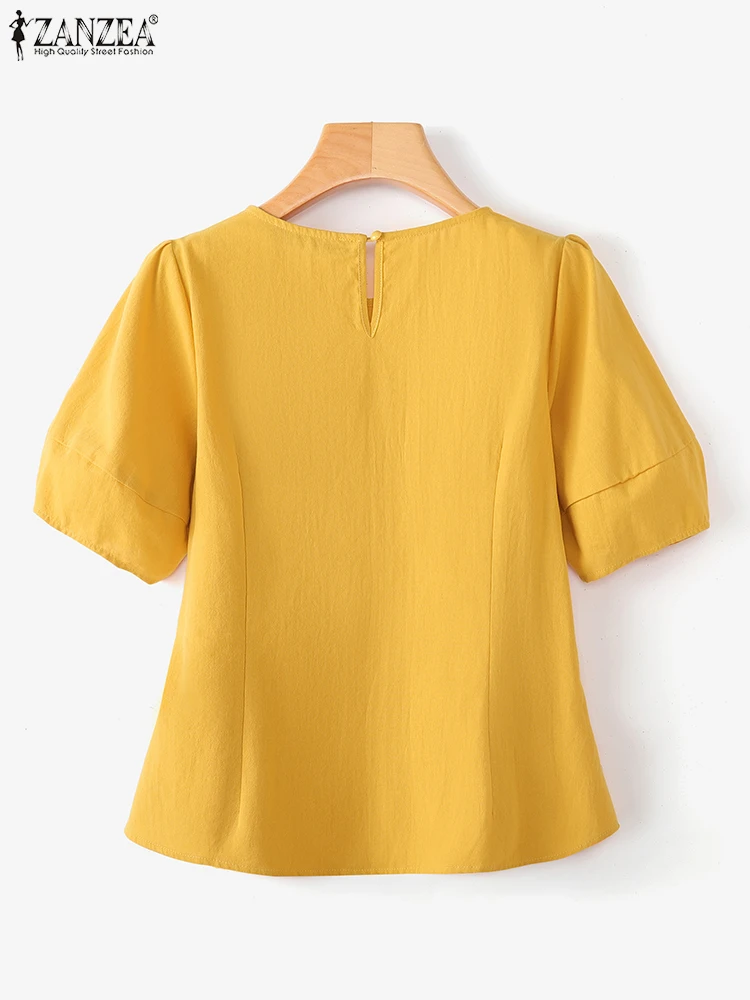 2025 ZANZEA Blusas elegantes para Mujer, camisas de trabajo sólidas de verano, Blusas de manga corta con cuello redondo, Tops OL informales elegantes para oficina para Mujer