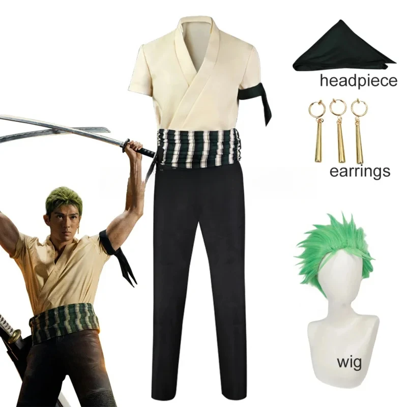 

72-я версия реального человека Ророноа Зоро Косплей Костюм с серьгами Тюрбан Головной убор Мужчины Хэллоуин Карнавал Аниме