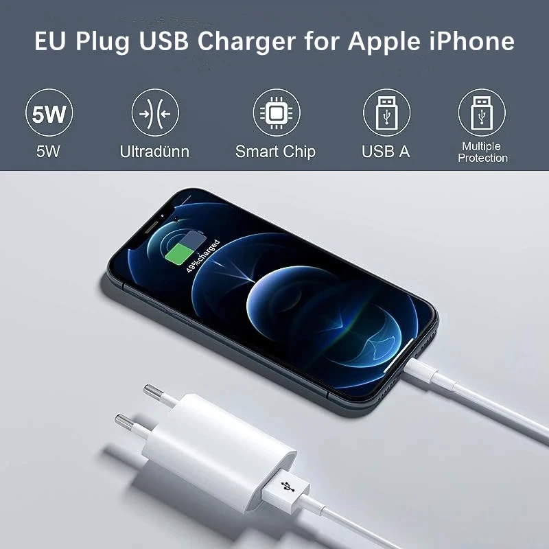 Cavo caricatore da muro USB da viaggio UE per iPhone 6S 7 8 Plus X XR XS 11 12 13 14 Pro Max 1m 1,5m 2m Cavo di ricarica USB Adattatore di