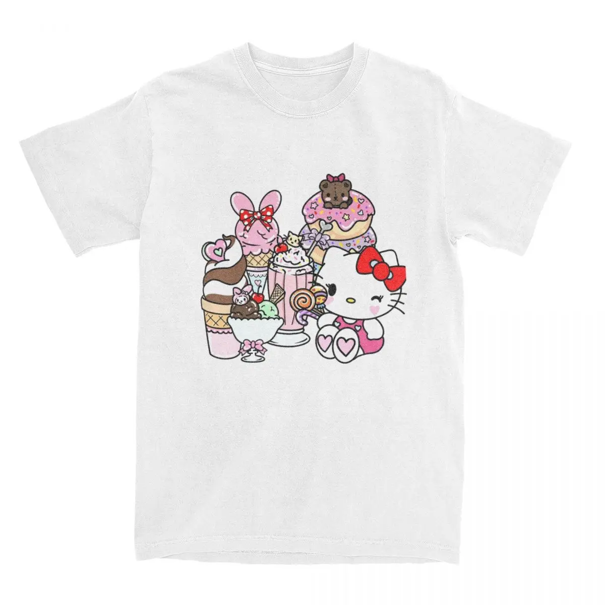 Men T-Shirts Cartoon Hello Kitty Creative Pure Cotton Tees Short Sleeve Cute Cat and Sugar Sweets T Shirts Crewneck Clothing