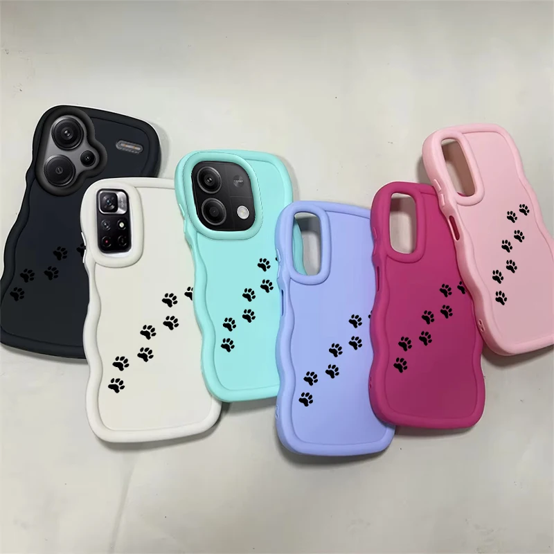 

cat footprints Soft Macaron Wave Phone Case For Xiaomi Redmi A1 A2 A5 Plus + A3 11A 12 12C 13 13C 14C Note 11 14 14S Cover