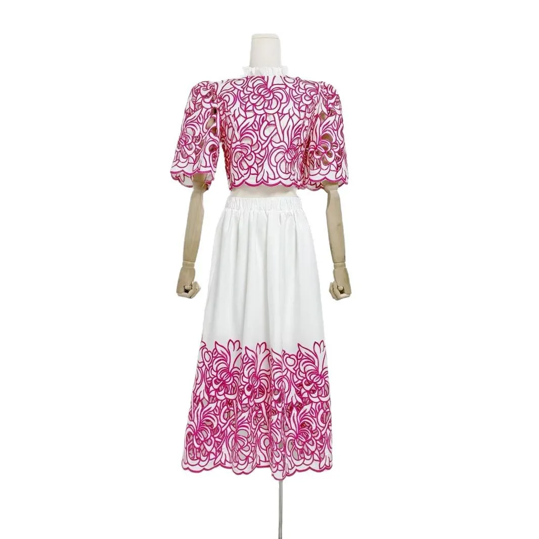 2025 Spring New Stand Collar Short Sleeve Top with Waist Hollow Long Skirt Fashion Suit for Women Костюм Женский