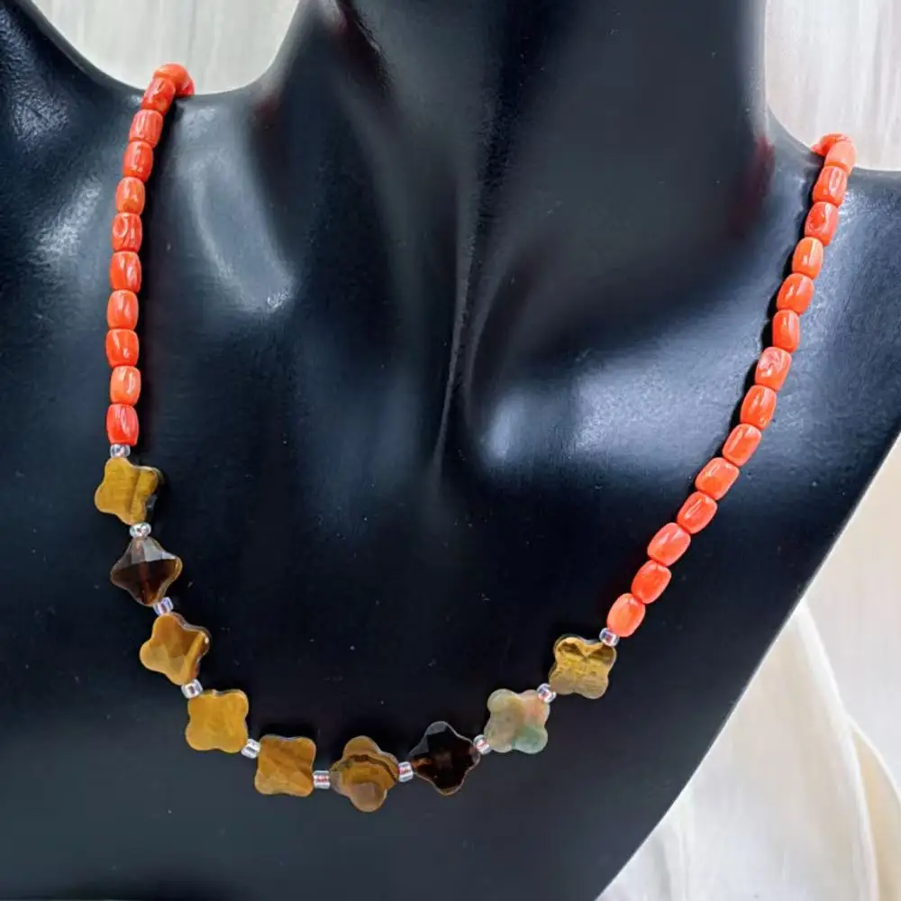 12mm 5x7mm Vintage Flower Tiger Eye Orange Natural Sea Bamboo Coral Retro Choker Necklace 17-20inch