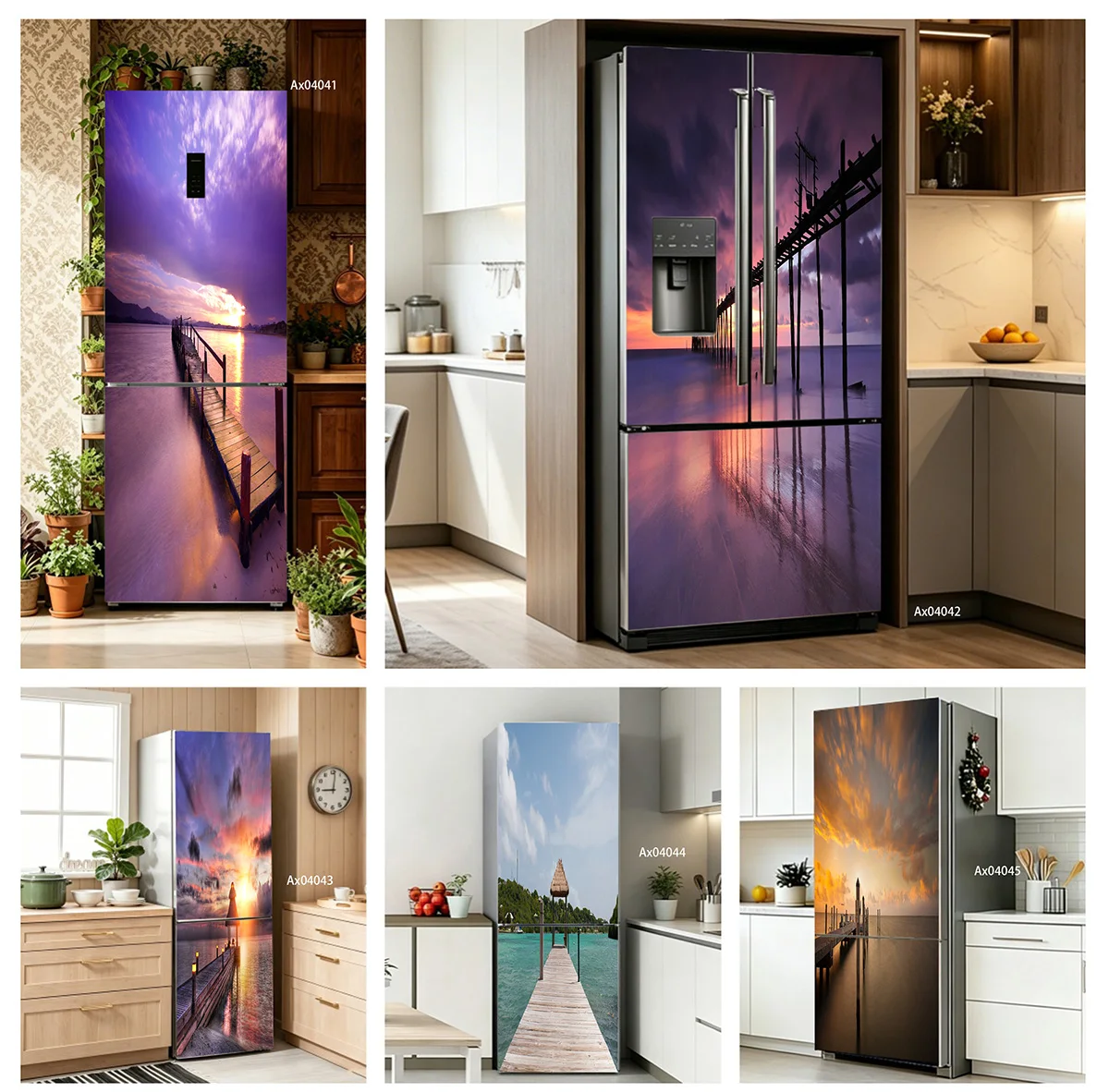 Purple Twilight Pier Seascape  Fridge Stickers for Full Door Wrap Wallpaper Customize Cabinets Wardrobe Door Aesthetics Decor