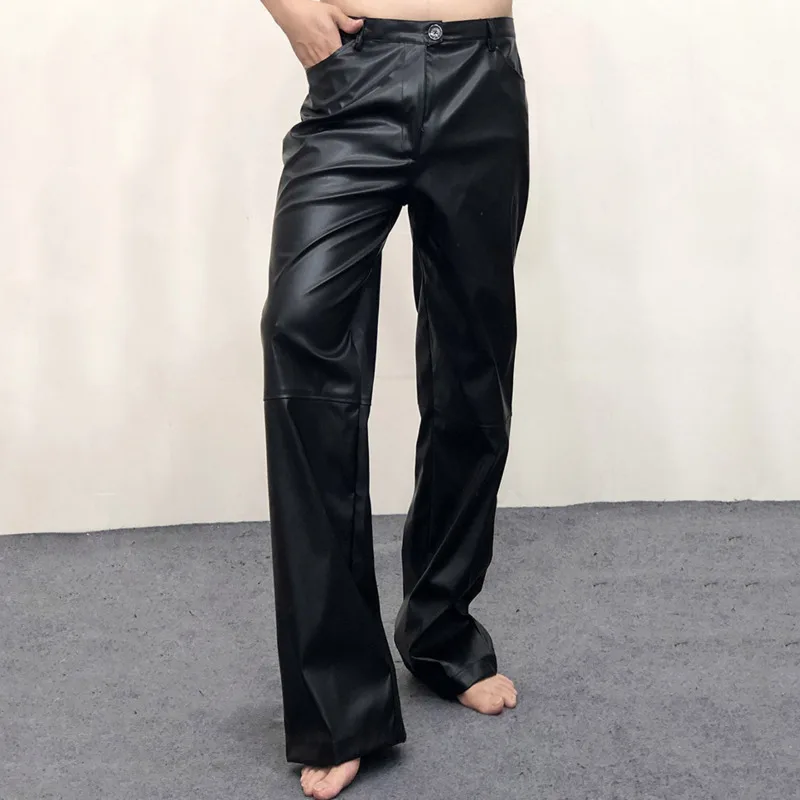 Classic Men Straight Tube Loose Fitting Casual Leather Pants High Quality Nightclub Men DS Costumes PU Pants Pantalon Homme Slim