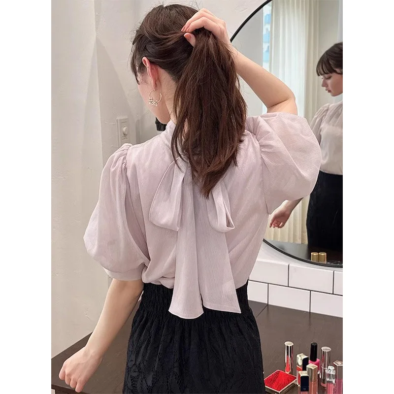 اليابانية جيراي كي جودة عالية مزاجه أنيقة قصيرة الأكمام القوس فقاعة كم الدانتيل يصل قميص لوليتا حفلة الهالوين تأثيري