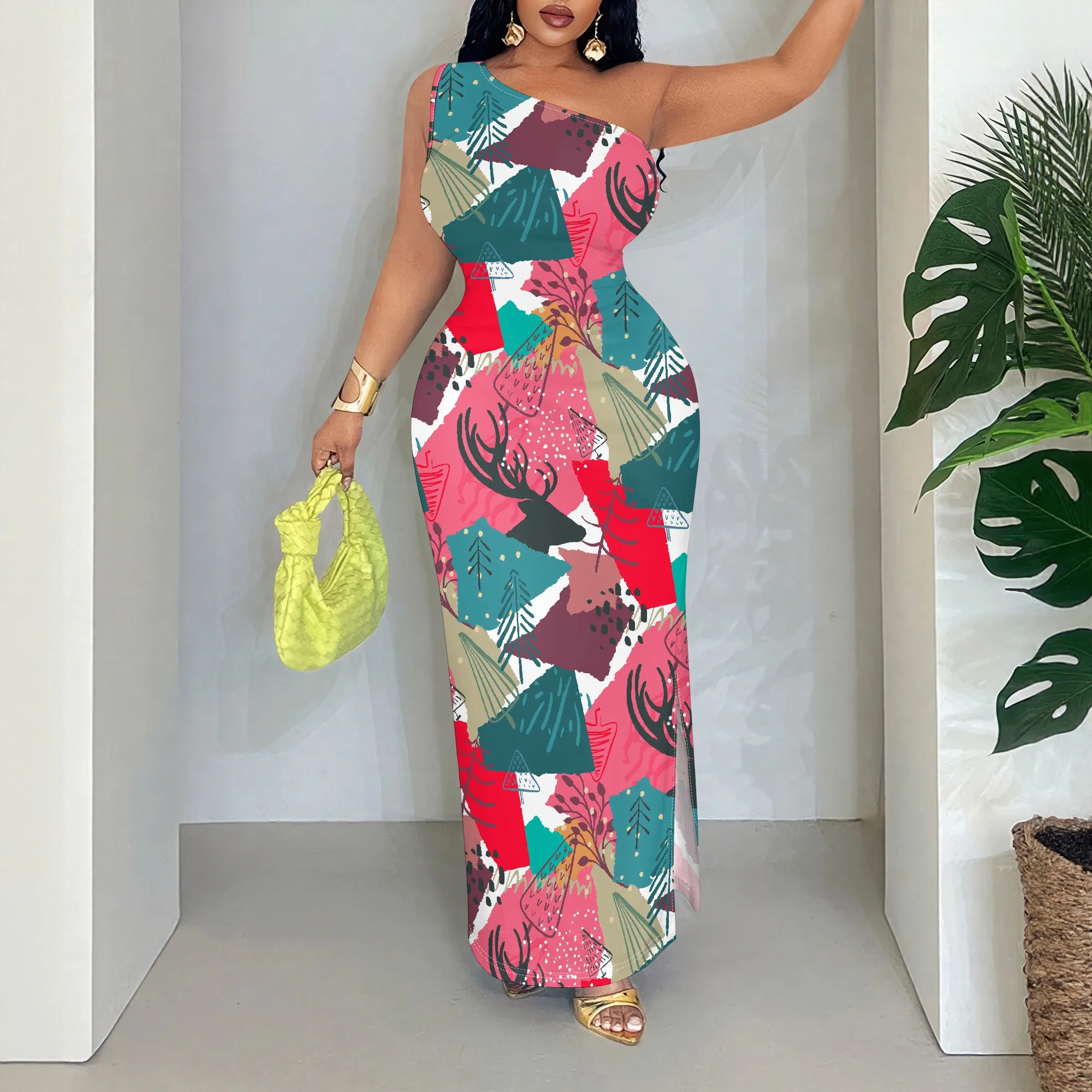 Abstract Print One Shoulder Maxi Dress, Tropical Leaf Pattern Summer Gown, Boho Beach Vacation Wear, S-2XL