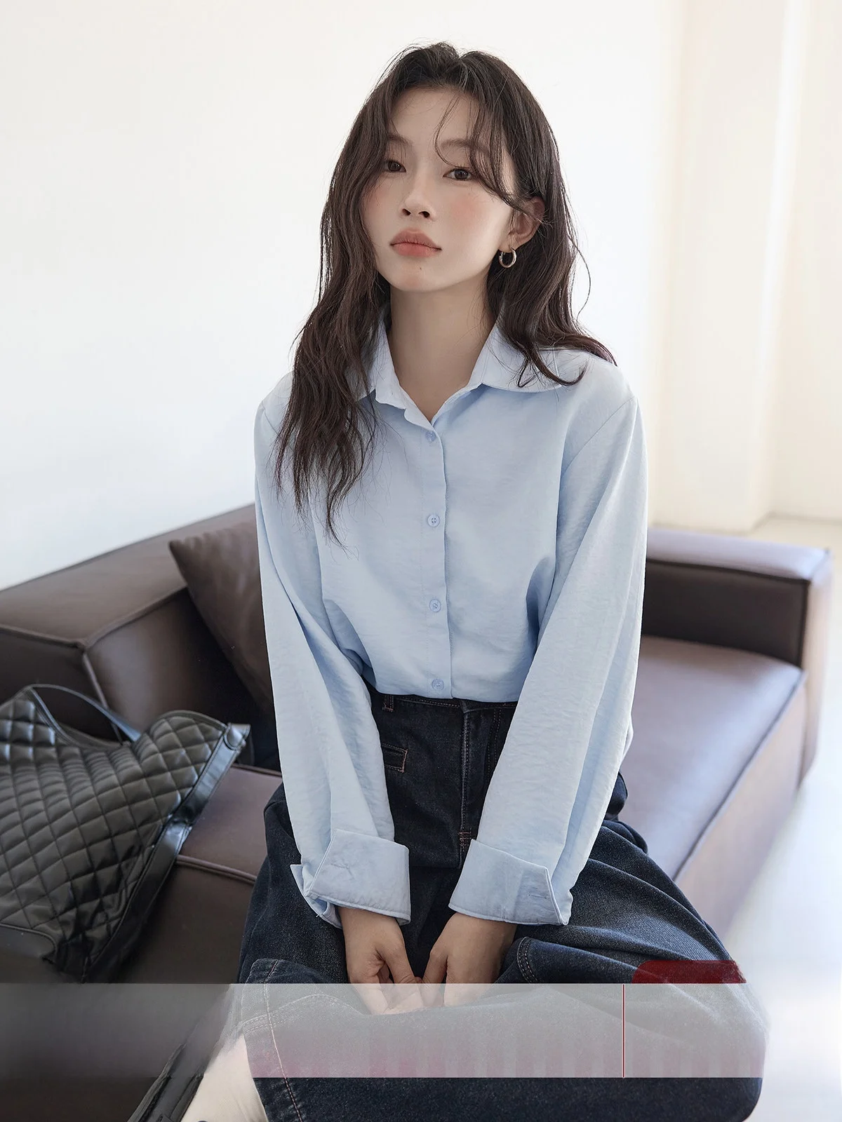 

Blue Long Sleeve Shirt Women's Loose Casual Versatile Spring 2026 New Style HUIXI Drawstring Breathable Comfortable