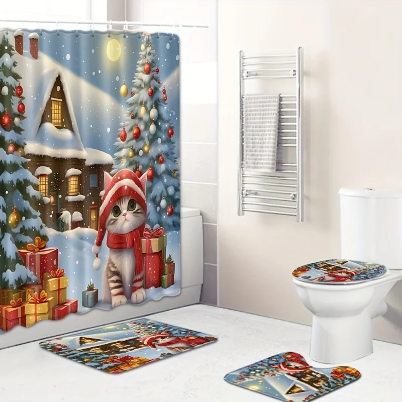 4pcs Christmas Cat Shower Curtain Set, Waterproof Shower Curtain With 12 Hooks, Bath Rug, Toilet U-Shape Mat, Toilet Lid Cover