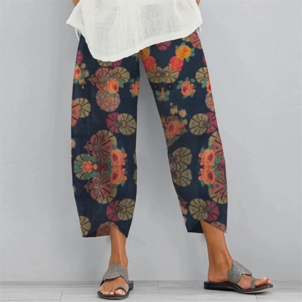 Fashion Printed 9-point Women's Trousers For Spring Summer New Elastic Waist Pocket Female Loose Office Casual Long Pants 2025