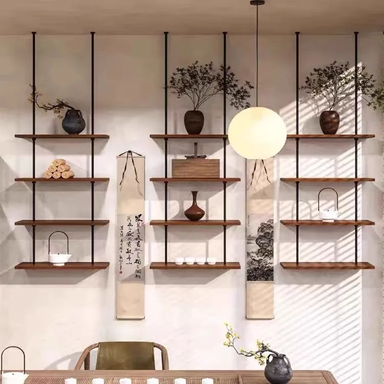 

New Chinese-style shelf wall solid wood wall-mounted bookshelf one-word baffle light luxury storage rack wrought iron hanger cus